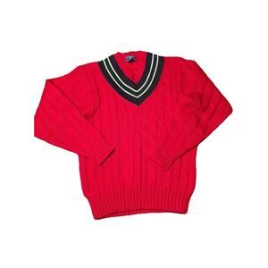 Vintage Sweater Mens Large Red Cable Knit Tennis V-Neck Pullover